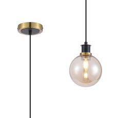 Salas 1.3m Pendant, 1 Light E14 With 15cm Round Glass Shade, Brass, Amber Plated & Satin Black