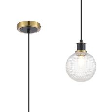 Salas 1.3m Pendant, 1 Light E14 With 15cm Round Textured Diamond Pattern Glass Shade, Brass, Clear & Satin Black