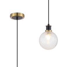 Salas 1.3m Pendant, 1 Light E14 With 15cm Round Dimpled Glass Shade, Brass, Clear & Satin Black