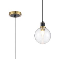 Salas 1.3m Pendant, 1 Light E14 With 15cm Round Ribbed Glass Shade, Brass, Clear & Satin Black