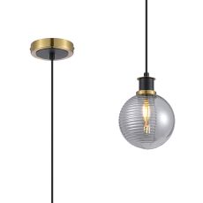 Salas 1.3m Pendant, 1 Light E14 With 15cm Round Double Textured Smooth / Ribbed Glass Shade, Brass, Smoke Plated & Satin Black