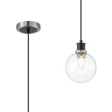 Salas 1.3m Pendant, 1 Light E14 With 15cm Round Glass Shade, Satin Nickel, Clear & Satin Black