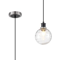 Salas 1.3m Pendant, 1 Light E14 With 15cm Round Textured Melting Glass Shade, Satin Nickel, Clear & Satin Black