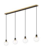 Salas 1.3m Linear Pendant, 4 Light E14 With 15cm Round Glass Shade, Brass, Clear & Satin Black