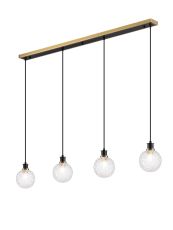 Salas 1.3m Linear Pendant, 4 Light E14 With 15cm Round Textured Crumple Glass Shade, Brass, Clear & Satin Black