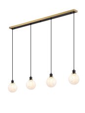 Salas 1.3m Linear Pendant, 4 Light E14 With 15cm Round Speckled Glass Shade, Brass, White & Satin Black