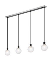 Salas 1.3m Linear Pendant, 4 Light E14 With 15cm Round Textured Crumple Glass Shade, Satin Nickel, Clear & Satin Black