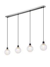Salas 1.3m Linear Pendant, 4 Light E14 With 15cm Round Dimpled Glass Shade, Satin Nickel, Clear & Satin Black