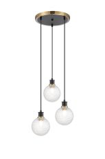 Salas 1.3m Round Pendant, 3 Light E14 With 15cm Round Textured Diamond Pattern Glass Shade, Brass, Clear & Satin Black