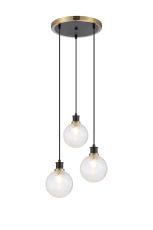 Salas 1.3m Round Pendant, 3 Light E14 With 15cm Round Dimpled Glass Shade, Brass, Clear & Satin Black