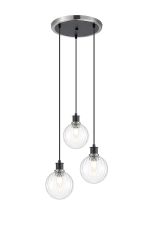 Salas 1.3m Round Pendant, 3 Light E14 With 15cm Round Segment Glass Shade, Satin Nickel, Clear & Satin Black