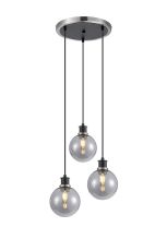 Salas 1.3m Round Pendant, 3 Light E14 With 15cm Round Glass Shade, Satin Nickel, Smoke Plated & Satin Black