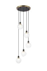 Salas 1.8m Round Pendant, 5 Light E14 With 15cm Round Ribbed Glass Shade, Brass, Clear & Satin Black