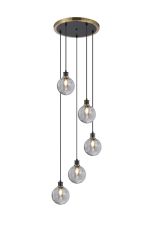 Salas 1.8m Round Pendant, 5 Light E14 With 15cm Round Double Textured Smooth / Ribbed Glass Shade, Brass, Smoke Plated & Satin Black