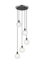 Salas 1.8m Round Pendant, 5 Light E14 With 15cm Round Crackled Glass Shade, Satin Nickel, Clear & Satin Black