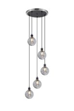 Salas 1.8m Round Pendant, 5 Light E14 With 15cm Round Double Textured Smooth / Ribbed Glass Shade, Satin Nickel, Smoke Plated & Satin Black