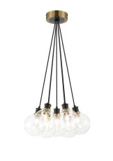 Salas 1.3m Round Cluster Pendant, 7 Light E14 With 15cm Round Glass Shade, Brass, Clear & Satin Black