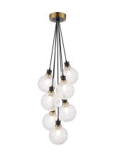 Salas 1.3m Round Cluster Pendant, 7 Light E14 With 15cm Round Textured Crumple Glass Shade, Brass, Clear & Satin Black