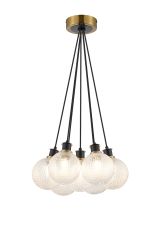 Salas 45cm Round Cluster Pendant, 7 Light E14 With 15cm Round Textured Diamond Pattern Glass Shade, Brass, Clear & Satin Black