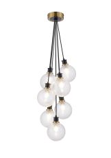 Salas 1.3m Round Cluster Pendant, 7 Light E14 With 15cm Round Dimpled Glass Shade, Brass, Clear & Satin Black