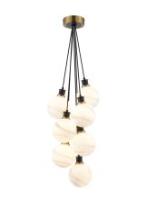 Salas 1.3m Round Cluster Pendant, 7 Light E14 With 15cm Round White & Grey Marble Effect Glass Shade, Brass & Satin Black Framework