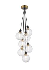 Salas 1.3m Round Cluster Pendant, 7 Light E14 With 15cm Round Textured Melting Glass Shade, Brass, Clear & Satin Black