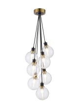 Salas 1.3m Round Cluster Pendant, 7 Light E14 With 15cm Round Ribbed Glass Shade, Brass, Clear & Satin Black