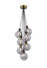 Salas 1.3m Round Cluster Pendant, 7 Light E14 With 15cm Round Double Textured Smooth/Ribbed Glass Shade, Brass, Smoke Plated & Satin Black