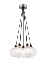 Salas 1.3m Round Cluster Pendant, 7 Light E14 With 15cm Round Dimpled Glass Shade, Satin Nickel, Clear & Satin Black
