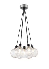 Salas 1.3m Round Cluster Pendant, 7 Light E14 With 15cm Round Textured Melting Glass Shade, Satin Nickel, Clear & Satin Black