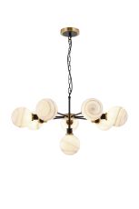 Salas Pendant, 8 Light E14 With 15cm Round White & Grey Marble Effect Glass Shade, Brass & Satin Black Framework