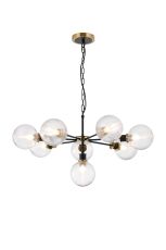 Salas Pendant, 8 Light E14 With 15cm Round Ribbed Glass Shade, Brass, Clear & Satin Black