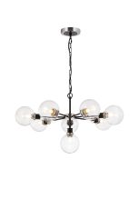 Salas Pendant, 8 Light E14 With 15cm Round Glass Shade, Satin Nickel, Clear & Satin Black