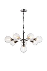 Salas Pendant, 8 Light E14 With 15cm Round Ribbed Glass Shade, Satin Nickel, Clear & Satin Black