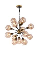 Salas Pendant, 14 Light E14 With 15cm Round Glass Shade, Brass, Amber Plated & Satin Black