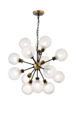 Salas Pendant, 14 Light E14 With 15cm Round Textured Crumple Glass Shade, Brass, Clear & Satin Black