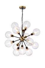 Salas Pendant, 14 Light E14 With 15cm Round Ribbed Glass Shade, Brass, Clear & Satin Black