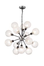 Salas Pendant, 14 Light E14 With 15cm Round Textured Crumple Glass Shade, Satin Nickel, Clear & Satin Black