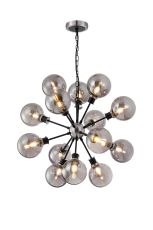 Salas Pendant, 14 Light E14 With 15cm Round Glass Shade, Satin Nickel, Smoke Plated & Satin Black