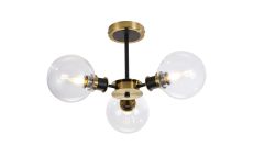 Salas Semi Ceiling, 3 Light E14 With 15cm Round Glass Shade, Brass, Clear & Satin Black