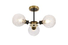 Salas Semi Ceiling, 3 Light E14 With 15cm Round Textured Crumple Glass Shade, Brass, Clear & Satin Black