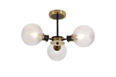 Salas 53cm Semi Ceiling, 3 Light E14 With 15cm Round Textured Diamond Pattern Glass Shade, Brass, Clear & Satin Black