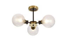 Salas Semi Ceiling, 3 Light E14 With 15cm Round Dimpled Glass Shade, Brass, Clear & Satin Black