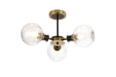 Salas Semi Ceiling, 3 Light E14 With 15cm Round Textured Melting Glass Shade, Brass, Clear & Satin Black