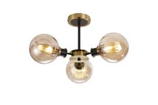 Salas Semi Ceiling, 3 Light E14 With 15cm Round Segment Glass Shade, Brass, Amber Plated & Satin Black
