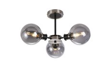 Salas Semi Ceiling, 3 Light E14 With 15cm Round Glass Shade, Satin Nickel, Smoke Plated & Satin Black