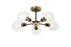 Salas Semi Ceiling, 5 Light E14 With 15cm Round Glass Shade, Brass, Clear & Satin Black