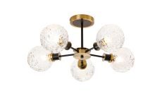 Salas Semi Ceiling, 5 Light E14 With 15cm Round Textured Crumple Glass Shade, Brass, Clear & Satin Black