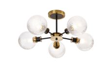 Salas Semi Ceiling, 5 Light E14 With 15cm Round Dimpled Glass Shade, Brass, Clear & Satin Black