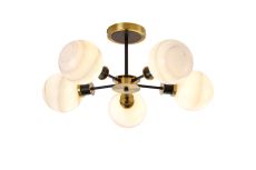 Salas Semi Ceiling, 5 Light E14 With 15cm Round White & Grey Marble Effect Glass Shade, Brass & Satin Black Framework